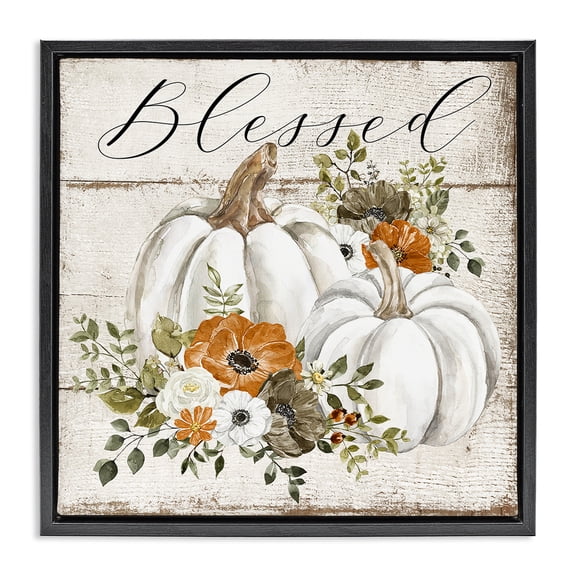 Stupell Industries Blessed Floral Pumpkin Holiday Painting Black Floater Framed Canvas Art Prints Wall Art, 18 x 18