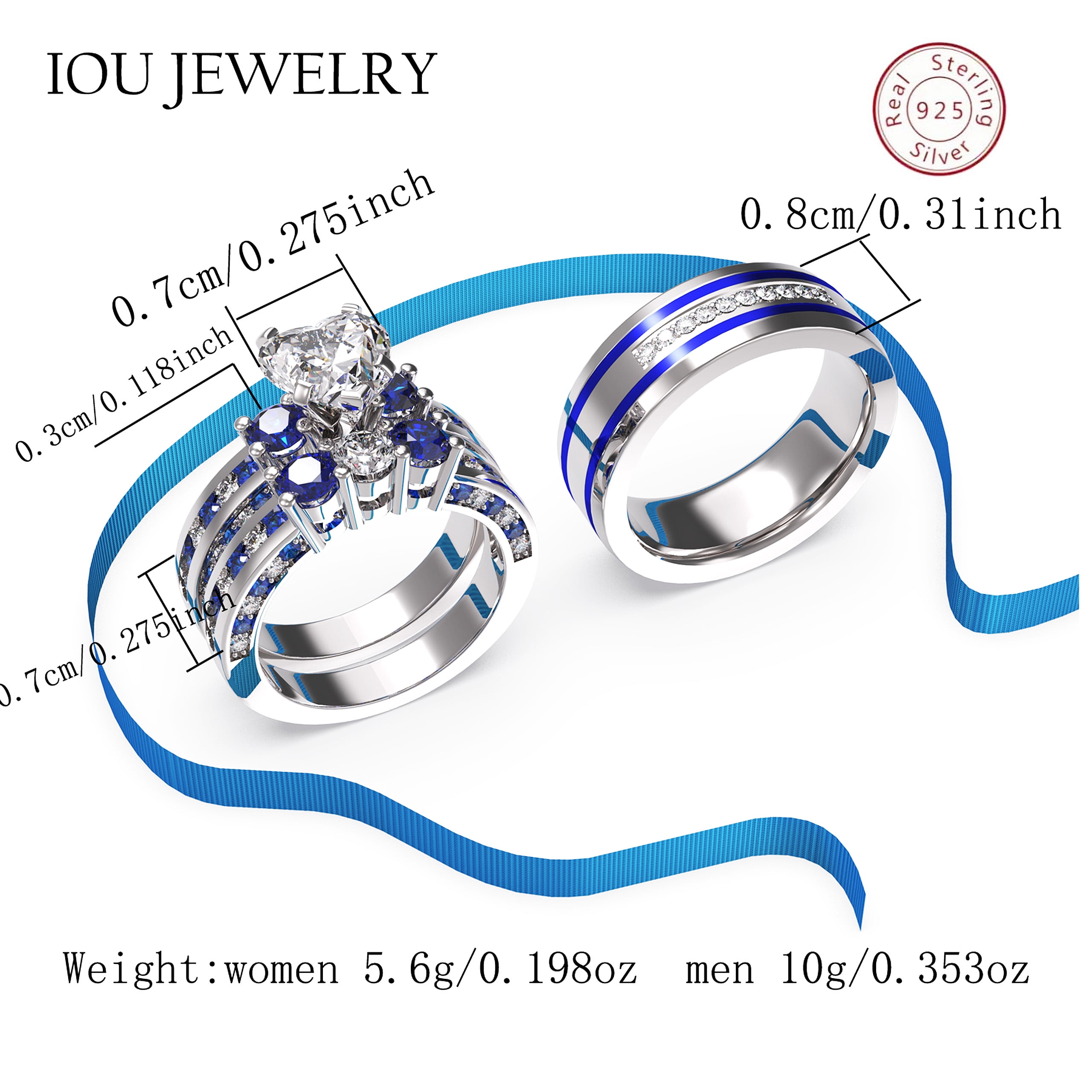 3pc Couples Wedding Ring Sets His And Hers Women Sterling Silver Blue Moissanite and men Wedding Bands Together With Ring Gift Jewelry Box