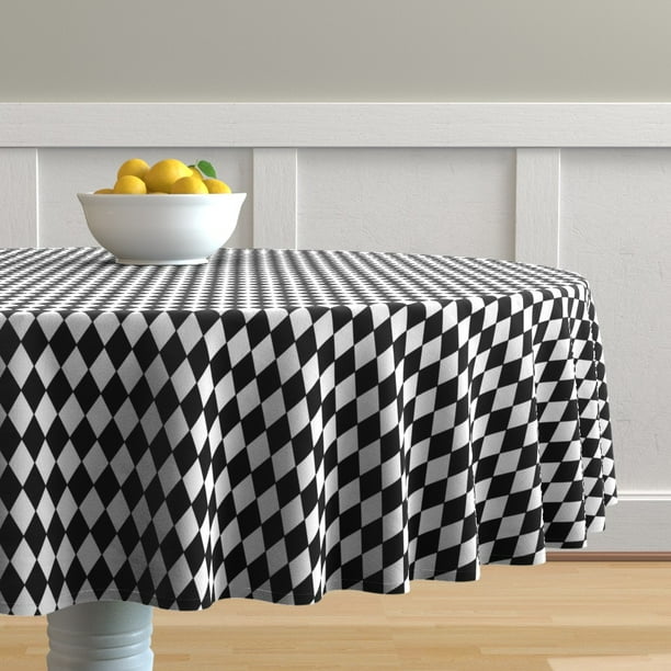 Round Tablecloth Harlequin Check Diamond Black And White Geometric Cotton Sateen