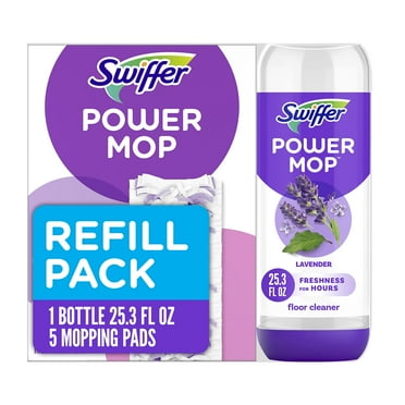 Swiffer PowerMop Multi-Surface Refill Pack for Floor Cleaning, Pack includes 5 Mopping Pad Refills, 1 Floor Cleaning Solution with Lavender Scent C29