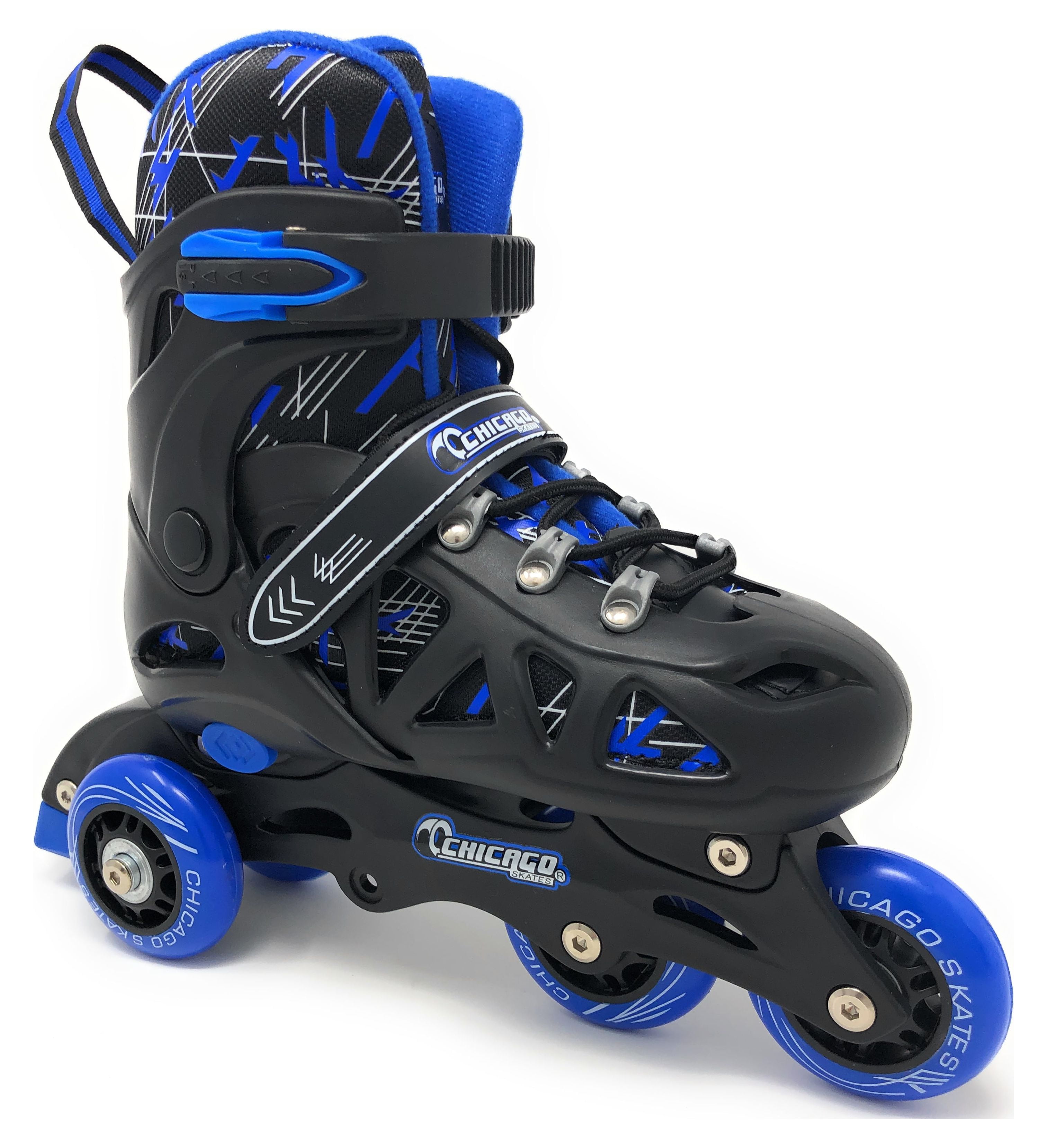 Chicago Skates Adjustable Inline Training Skate Combo Set Black/Blue/White – Includes Skates, Helmet, Knee pads, Wrist guards and Carryall backpack - Size Small (J10-J13)