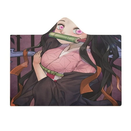 Demon Slayer Nezuko Blanket Wearable Cartoon Cosplay Hoodie Throw Blanket Hooded Cloak Flannel Fleece Shawl Wrap Nap Quilt