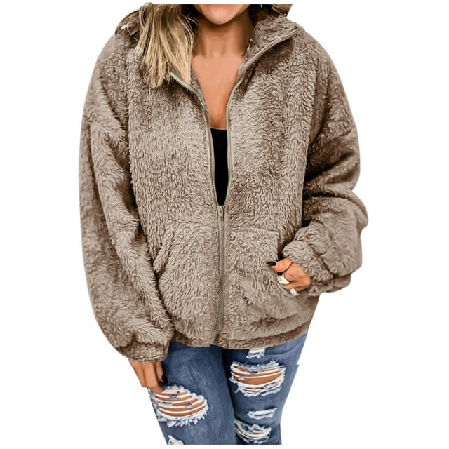 Women Plus Size Winter Warm Hooded Jacket with Zipper Pockets Outerwear Coat
