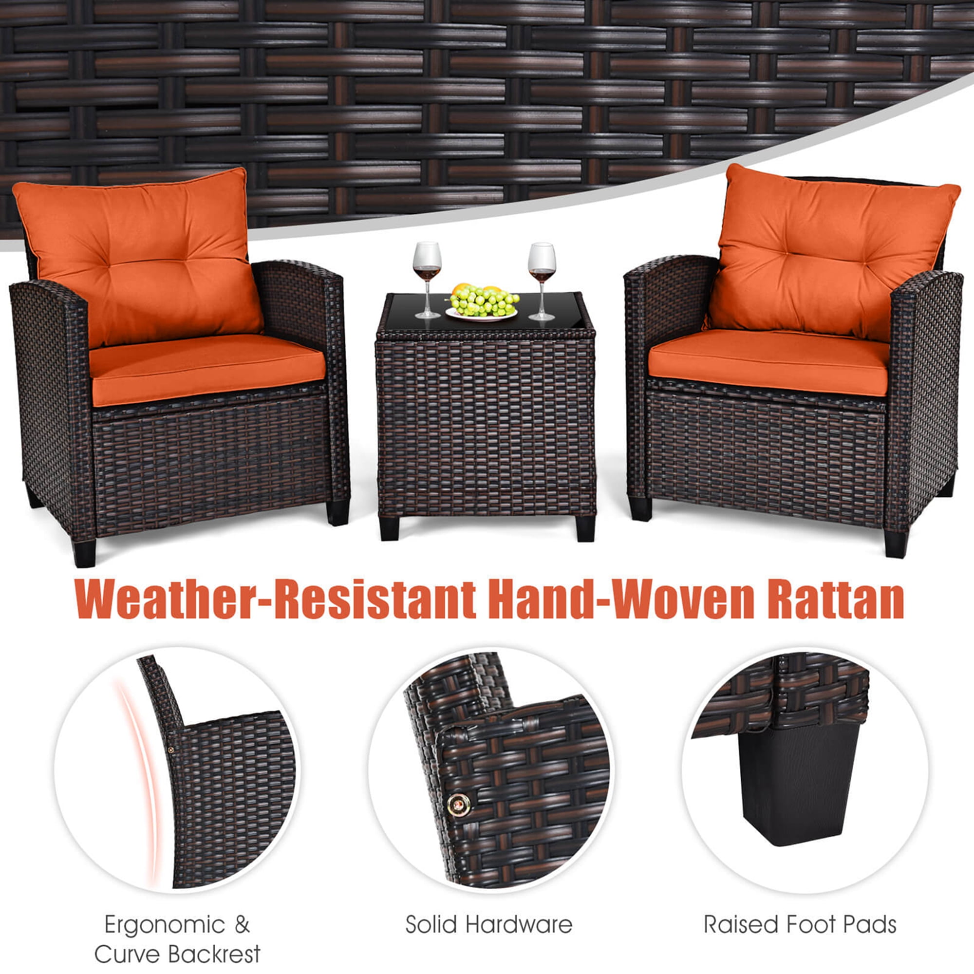 Gymax Set of 3 Rattan Furniture Set Patio Cushioned Conversation Set Sofa Orange