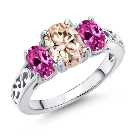 Gem Stone King 925 Sterling Silver Peach Morganite and Pink Created Sapphire Filigree Style 3 Stone Ring for Women (2.00 Cttw, Oval 8X6MM and 6X4MM) (Size 7)