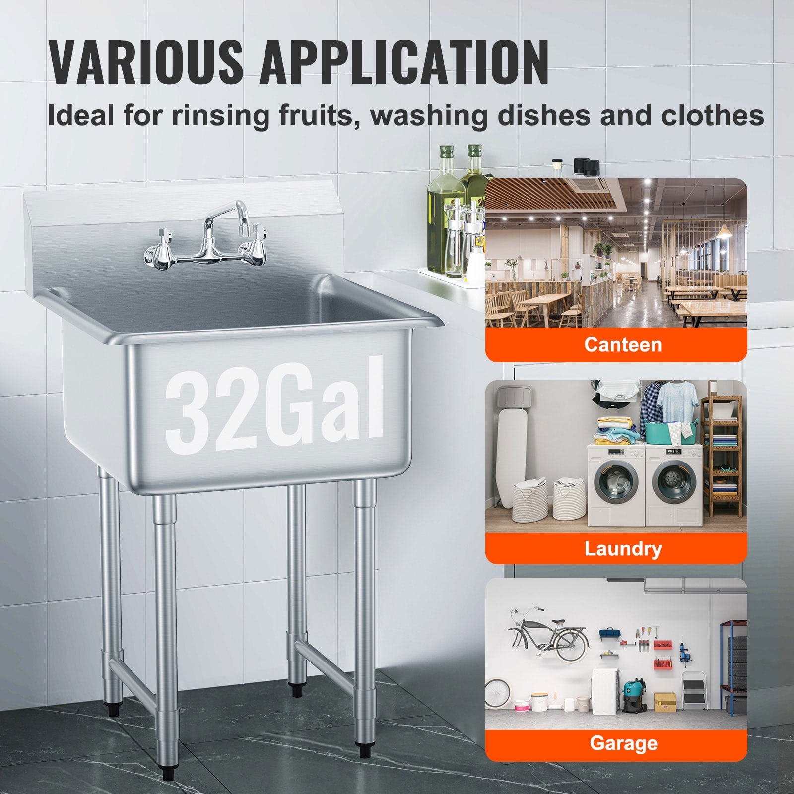 KFFKFF Utility and Preparation Sink in Stainless Steel, Single Basin with Faucet and Legs Included, Dimensions 27"x41", Ideal for Garage, Eatery, Kitchen, Laundry, Certified by