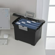 Sterilite Portable File Box, Letter-Size Plastic File Storage Box with Handle and Divided Lid Storage Compartment, Black