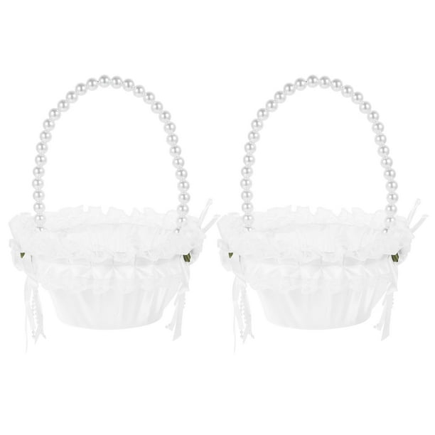 2 cestas de flores para niña de la boda, cestas de perlas para boda, cestas pequeñas para niña de las flores, cestas románticas de encaje con flores