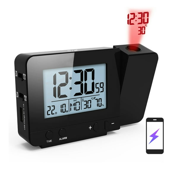 Clock Projection Alarm Clock For Bedroom With Thermometer Hygrometer Digital Project Ceiling Clock Dimmable LED Display With USB Charger 180Rotable With Dual Alarms 12/24H Snooze