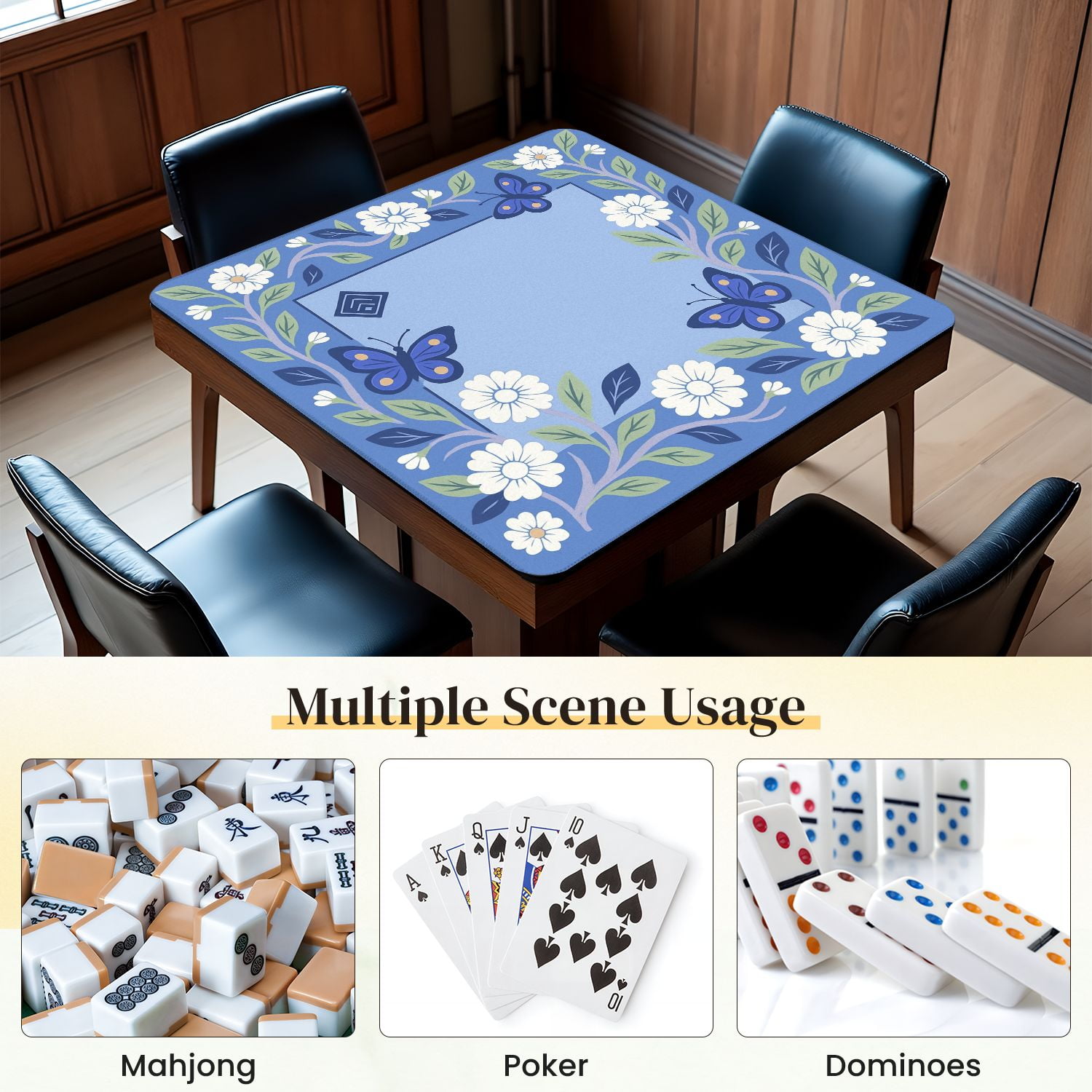 Mahjong Mat 31.5" x 31.5" Blue Floral Butterflies Green Leaves Anti-Slip and Noise Reduction Symmetry Design Mahjong Tiles Table Cover for Dominoes Poker Card Board and Tile Games