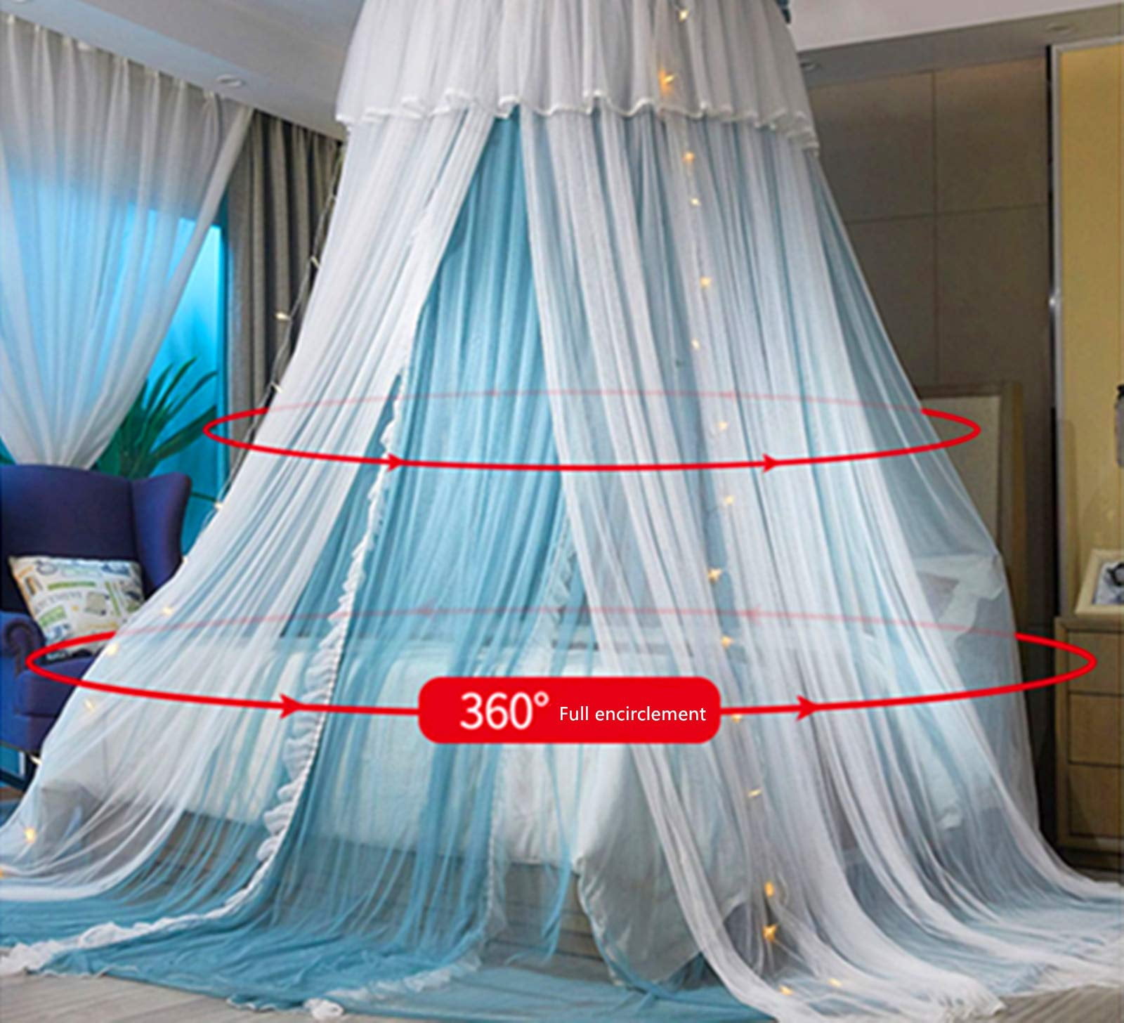 Princess Bed For Curtain- Double Layer Sheer Mesh Dome Round Lace Mosquito Net Tent(blue/white)
