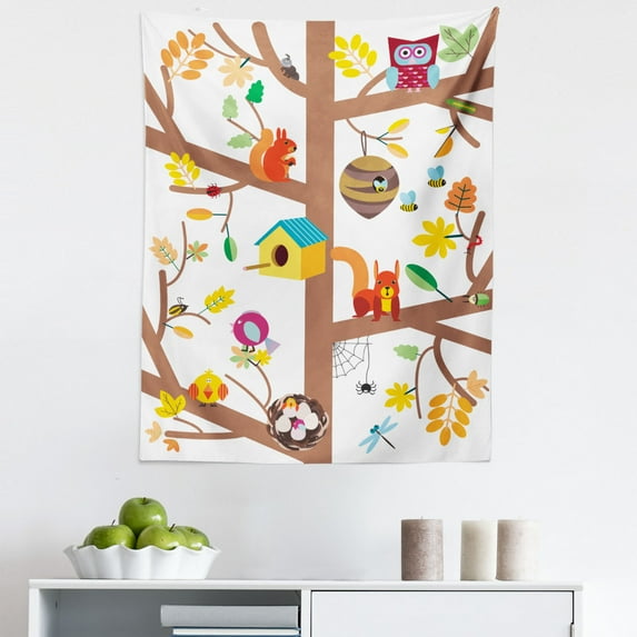 Squirrel Garden Tapestry, Neighbors of the Same Tree in the Autumn Season Cartoon Drawing, Fabric Wall Hanging Decor for Bedroom Living Room Dorm, 5 Sizes, White and Multicolor, by Ambesonne