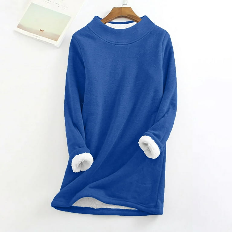 Women's Thickened Thermal Fleece Lined Sweater Tunic Top Loose Long Sleeve  Velvet Plush Warm Pullover Undershirt (XX-Large, Blue Top)