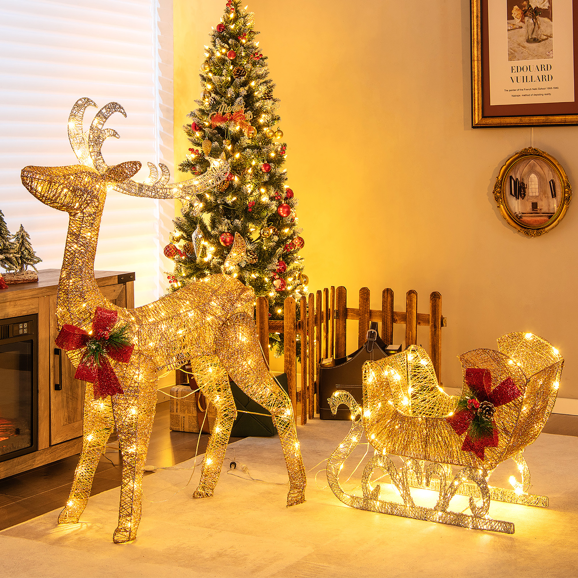 Gymax Pre-Lit Christmas Reindeer  Santa's Sleigh Lighted Yard Decor w/ 100  LED Lights