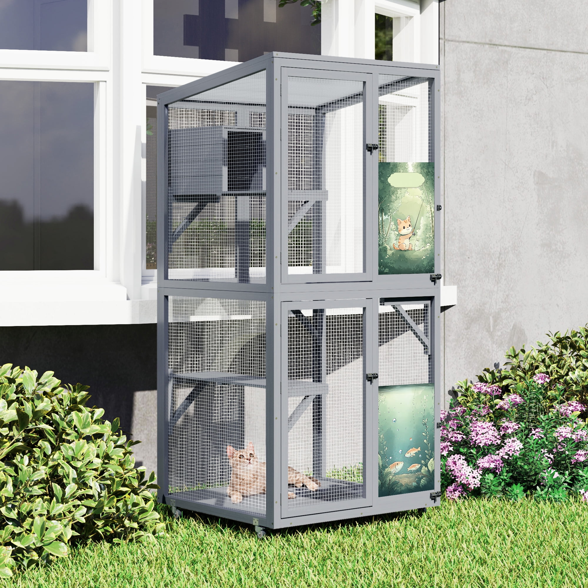 COZIWOW Catio Outdoor Cat Enclosure Window Access, Outdoor Cat House with Wheels, Cage for Cats Indoor