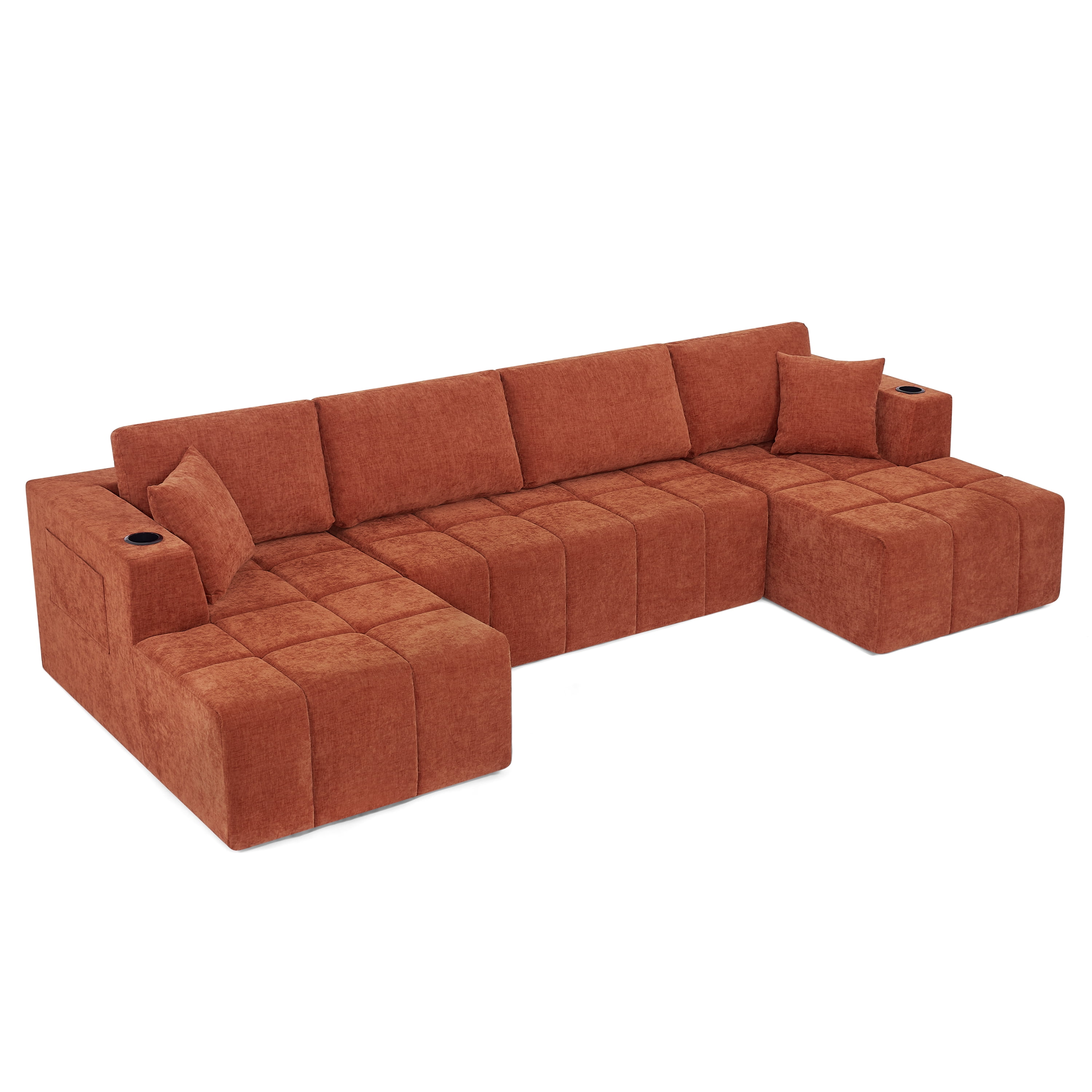 Howcool 132" U-Shaped Modular Cloud Couch, Oversized Deep Seat Chenille Sectional Sofa with Double Chaise, Boneless Comfy Couch with Cup Holders & Side Pockets, No Assembly Required,Orange
