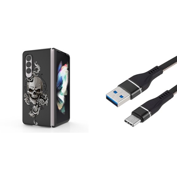 Accessory Bundle for Galaxy Z Fold 4: Slim Snap-On Case (Skull Flowers), Nylon Braided USB-C to USB-A Cable (3 Feet)