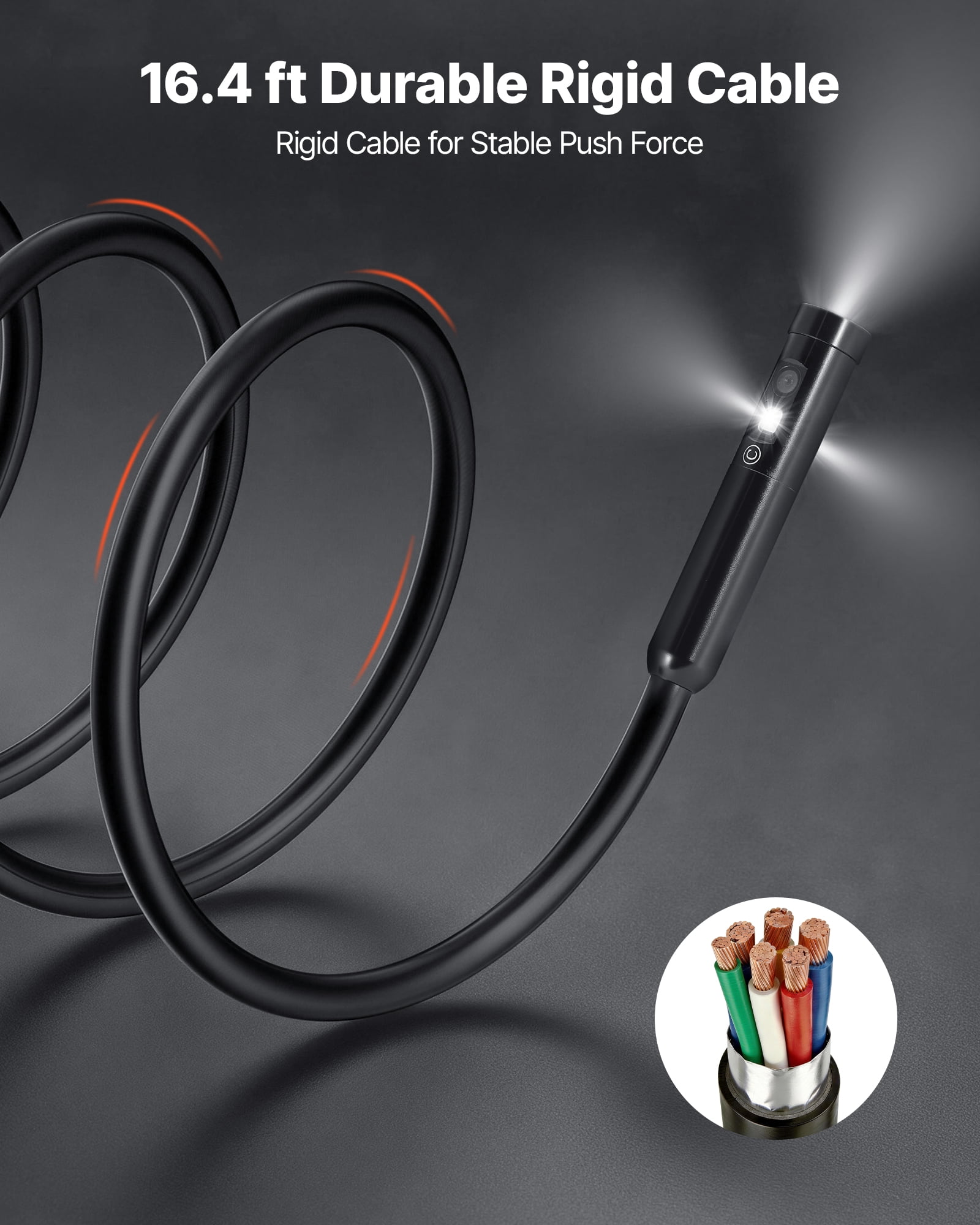 VEVOR Triple Lens Endoscope with Light, 4.5" HD IPS Screen Industrial Borescope Camera, 8 + 2 Lights, 8X Zoom, IP67 Waterproof Inspection Snake Camera for Automotive, Plumbing (16.4FT Rigid Cable)