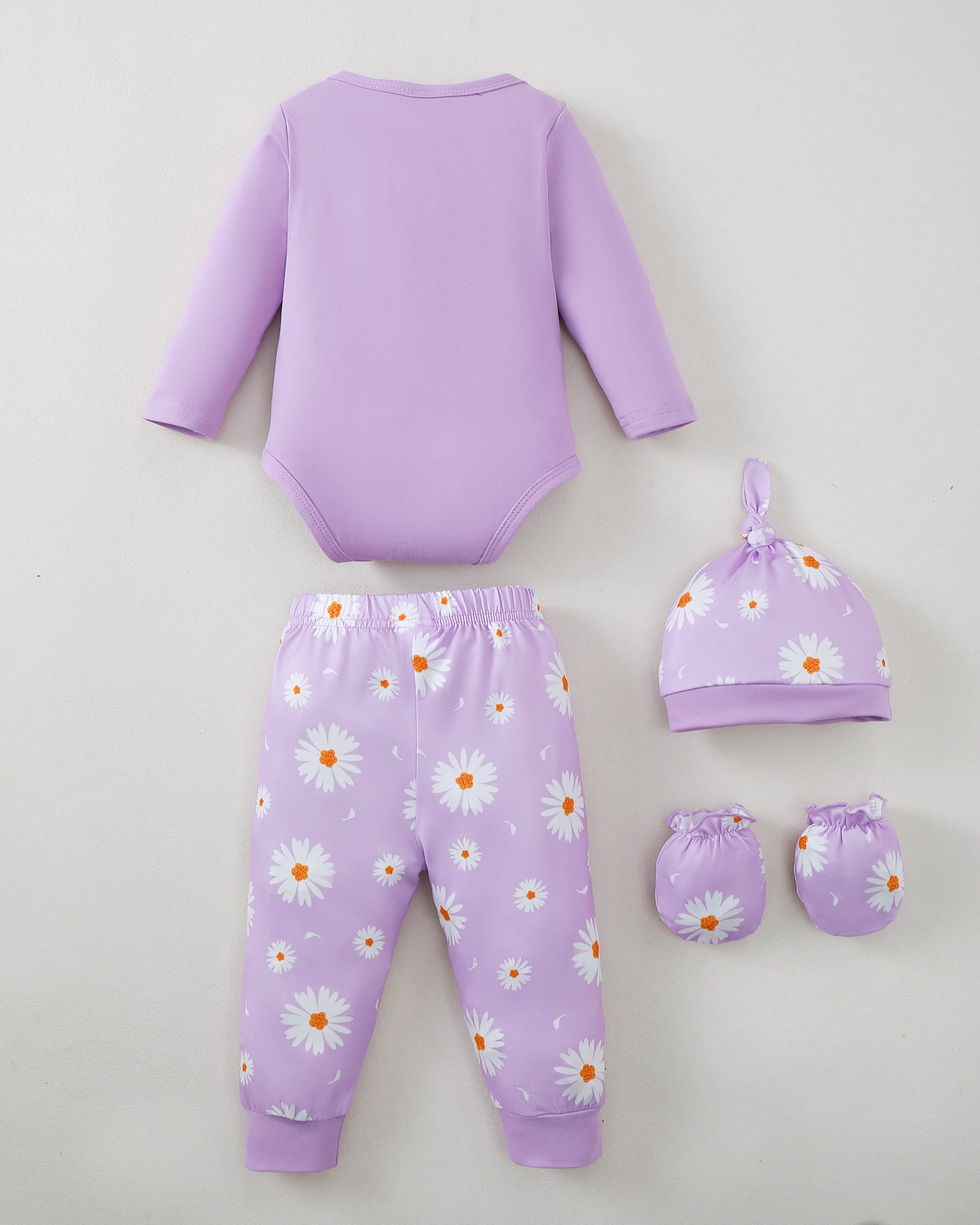 KIMI BEAR Newborn Baby Girls Layette Set 4 Packs 6-12 Months Shower Gifts Essential Clothing Short Sleeves Long Sleeves Romper Top Pants and Bodysuit with Hats and Gloves 15pcs Clothes Purple