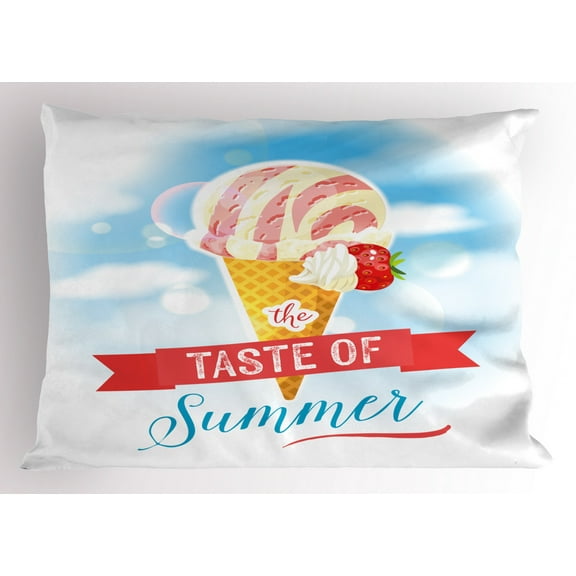 Ice Cream Pillow Sham The Taste of Summer Quote with Cone and Strawberry Clouds Inspirational Print, Decorative Standard Queen Size Printed Pillowcase, 30 X 20 Inches, Multicolor, by Ambesonne
