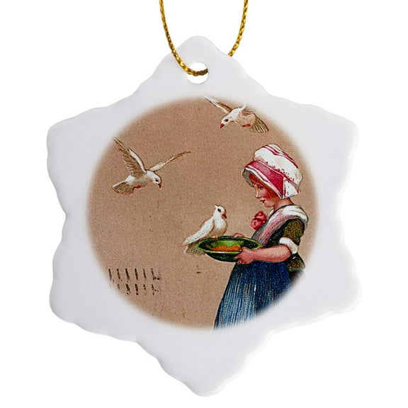 3drose, Feeding the Pigeons, 3 inch Snowflake Porcelain Ornament