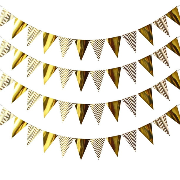Juego de 4 banderines con bandera triangular de oro caliente, banderines, decoraciones para fiestas, banderas de papel colgantes para graduación, cumpleaños, suministros para fiestas de bodas