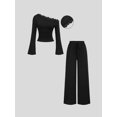 thumbnail image 3 of Women's Asymmetric Shoulder Flare Long Sleeve Ruched Top & Drawstring Wide Leg Pants Elegant 2 Piece Outfit Set, 3 of 8