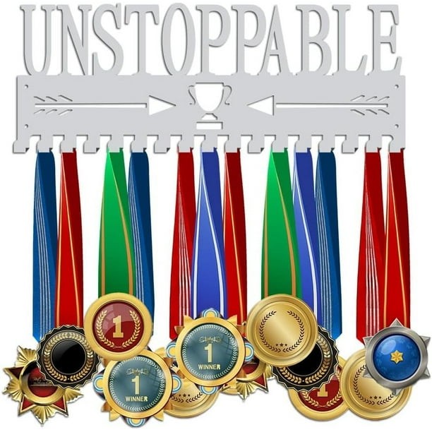 Soporte para medallas Unstoppable, marco plateado para medallas con 17 ganchos, exhibidor de medallas de metal, soporte para cintas de premios deportivos, soporte para montaje en pared