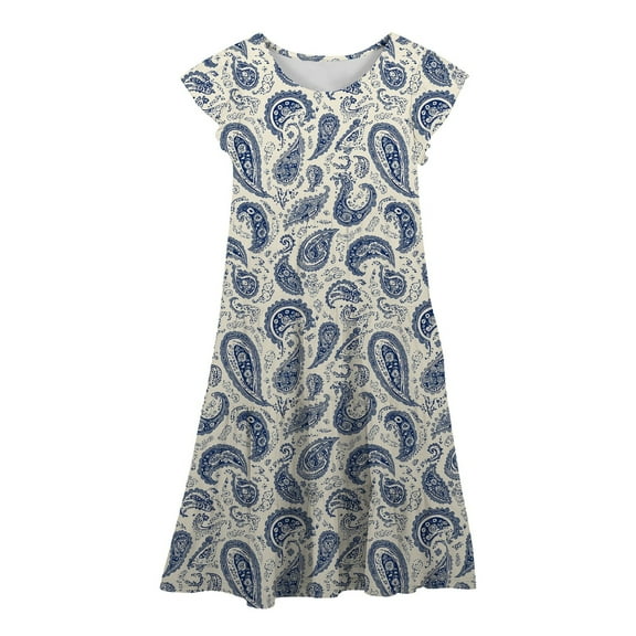 GBSYEWXS Dress For Girls 2025 Size 6-7 Years Sleeveless Loose Fruit Print A-Line Dresses Blue