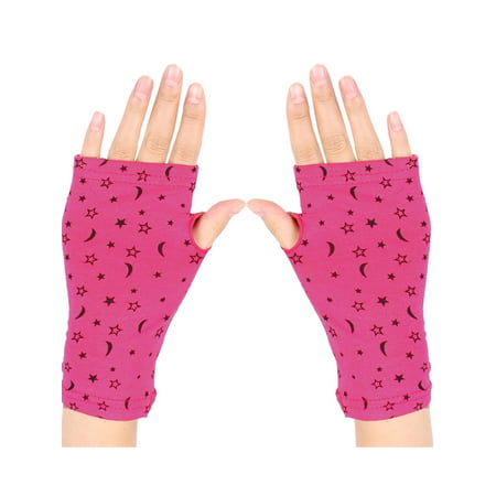 Women Moon Star Print Short Fingerless Gloves Wrist Warmer Mitts Fuchsia Pair