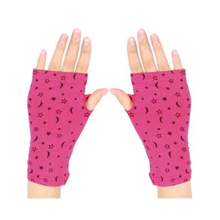 Women Moon Star Print Short Fingerless Gloves Wrist Warmer Mitts Fuchsia Pair