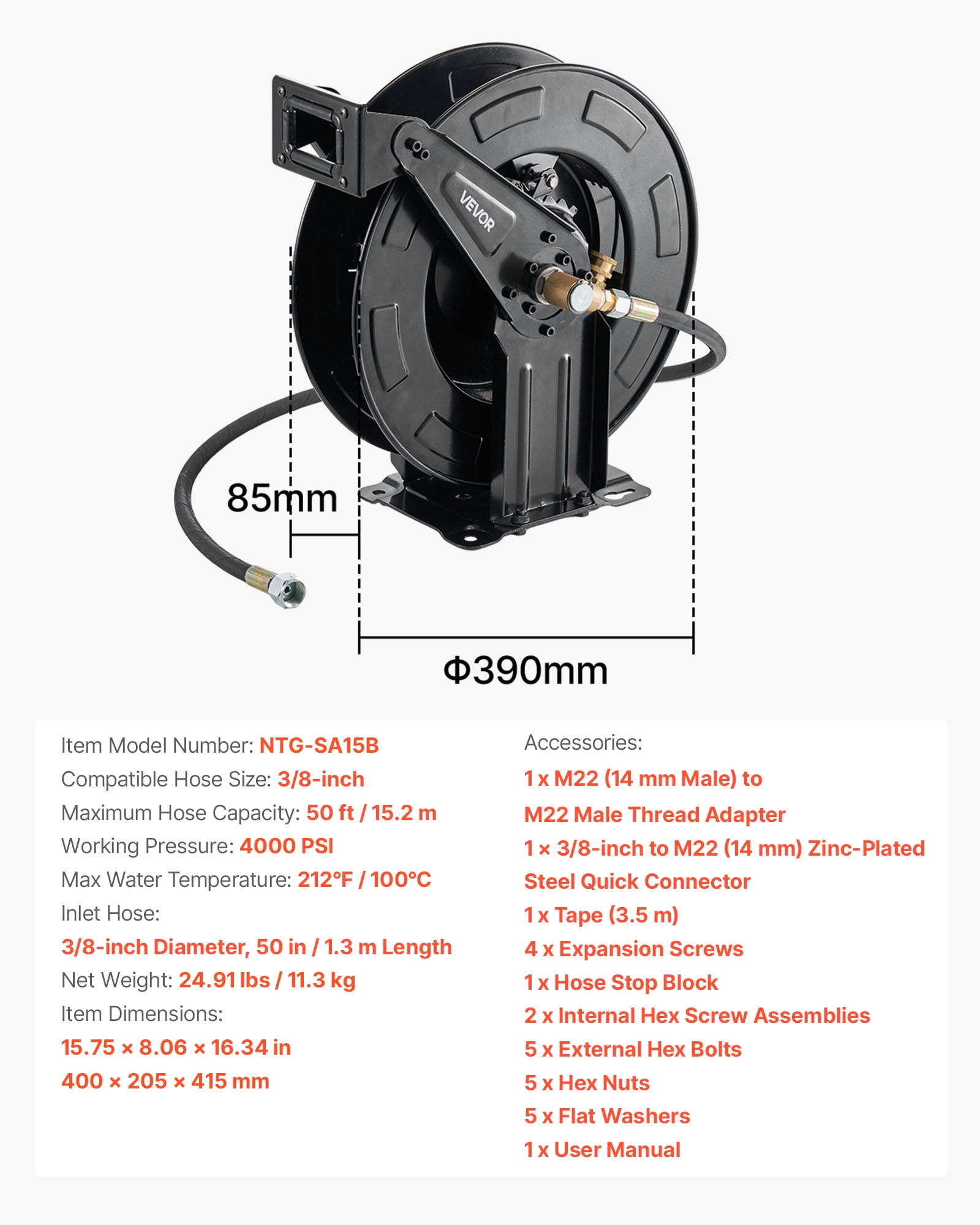 VEVOR Pressure Washer Hose Reel, 50 ft x 3/8 inch Retractable Power Heavy-Duty Steel Washer Hose Reel, 4000PSI Max, Auto-Rewinding, Flexible Wall/Floor Mounted for Car Washing,Garden,Floor Cleaning