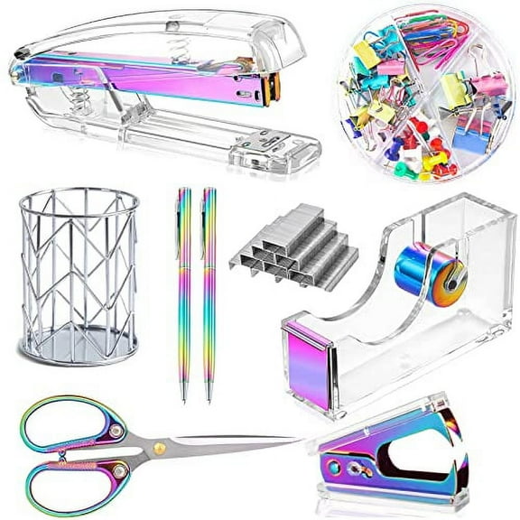 Famassi Dream Color Acrylic Stapler and Tape Dispenser Set, Office Supplies Stapler, Tape Dispenser, Stapler Remover, 2 Ballpoint Pen, Scissor, Binder Clips, Paper Clips and 1000pcs Staples.