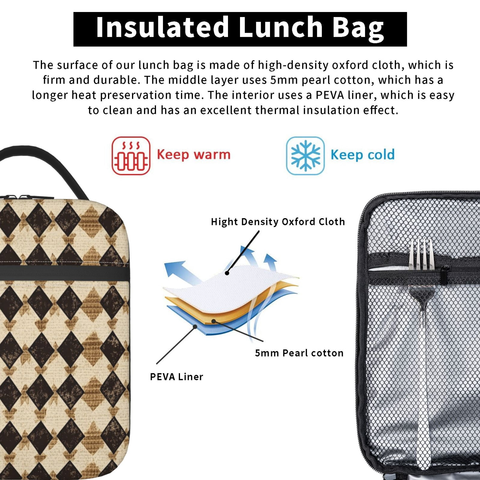 Lunch Bag For Women Men Insulated Portable Lunch Box Bento Box Office Picnic Travel Cooler Bag Tan Houndstooth Vintage Texture Hand-Drawn Sketch_4