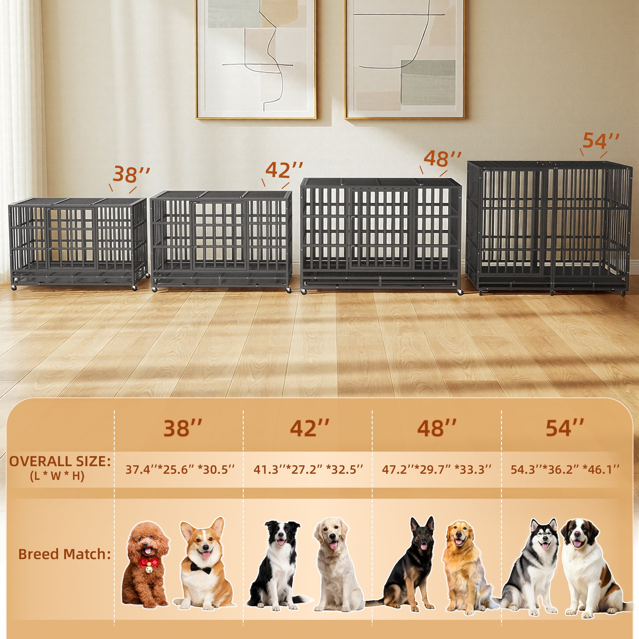 Ironovahome 48" Heavy Duty Dog Crate for Large Dogs, Indestructible Chew-Proof Escape-Proof Steel Dog Cage, XL Large Dog Kennel with Locking Wheels & Removable Tray for Indoor Use