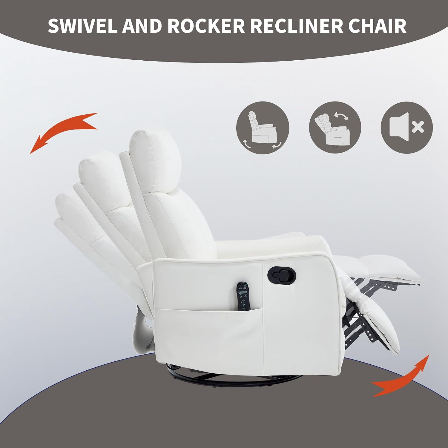 High Back Manual Recliner Chair with Heat & Massage, Swivel Rocker for Living Room Bedroom, White