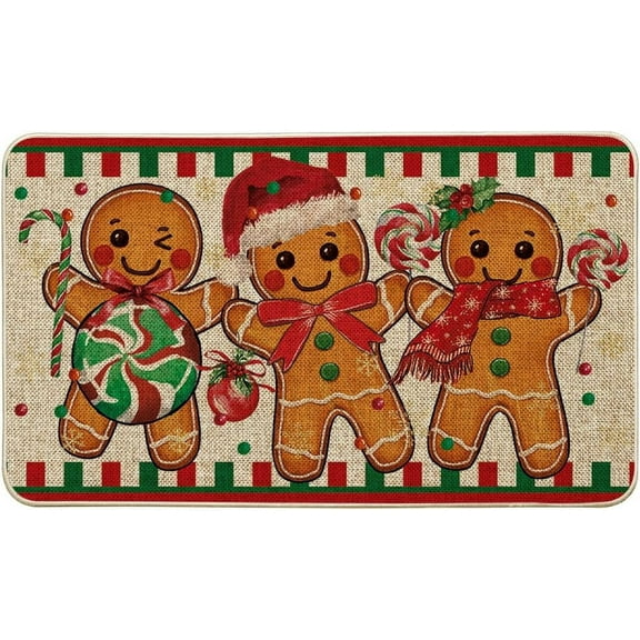 Candy Gingerbread Man Christmas Doormat, Winter Xmas Home Decor Low-Profile Switch Rug Door Mat Floor Mat for Indoor Outdoor 17x29 Inch