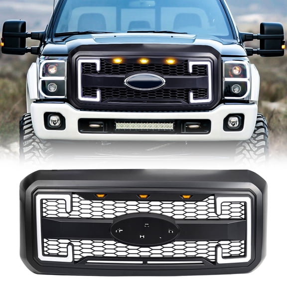 American Modified AMFMAA00122; Grille; With Light Cutouts; Matte Black; ABS Plastic; With Three Amber LED Lights