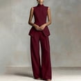 thumbnail image 5 of Sets Summer Outfits Sleeveless Crop Tops Women Solid Color Stand Collar Sleeveless Shirt Tops Wide-Leg Pants Suit Wine S, 5 of 6