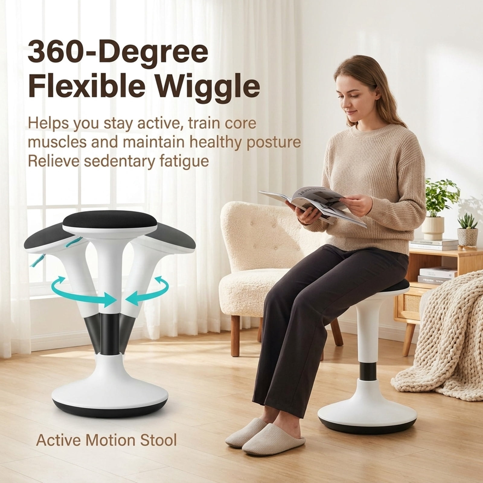 Furnibear Adjustable Active Learning Stool Sitting Home Office Wobble Chair with Cushion Seat for Home Office Study Desk Computer Task, White