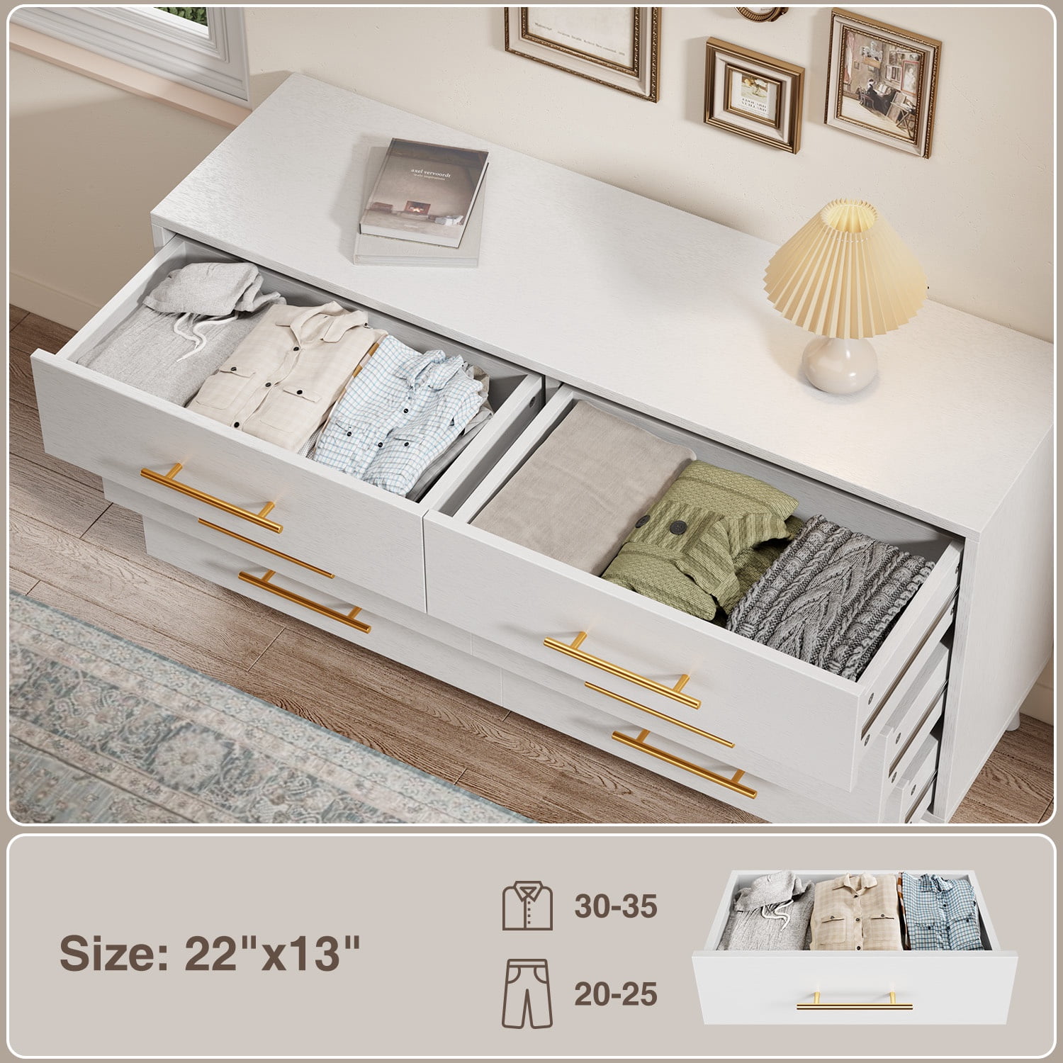 Dresser for Bedroom, Asofer 6-Drawer White Dresser with Metal Handle, Chest of Drawers for Living Room
