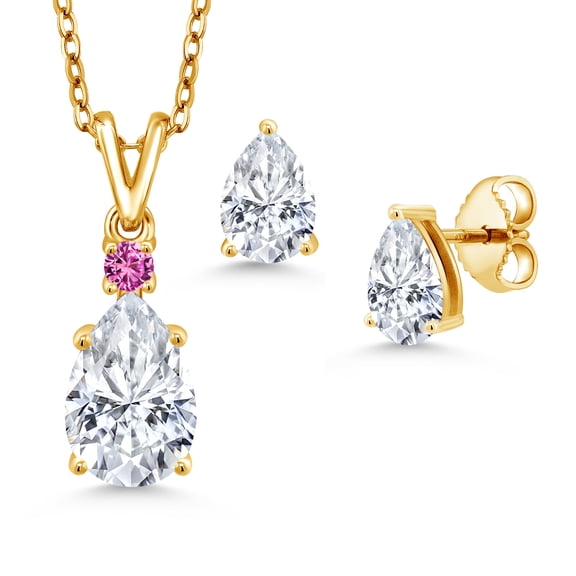 18K Yellow Gold Plated Silver White Moissanite and Pink Created Sapphire Pendant and Earrings Jewelry Set for Women (3.36 Cttw, Gemstone Birthstone, Pear Shape 10X7MM and 7X5MM, with 18 inch Chain)