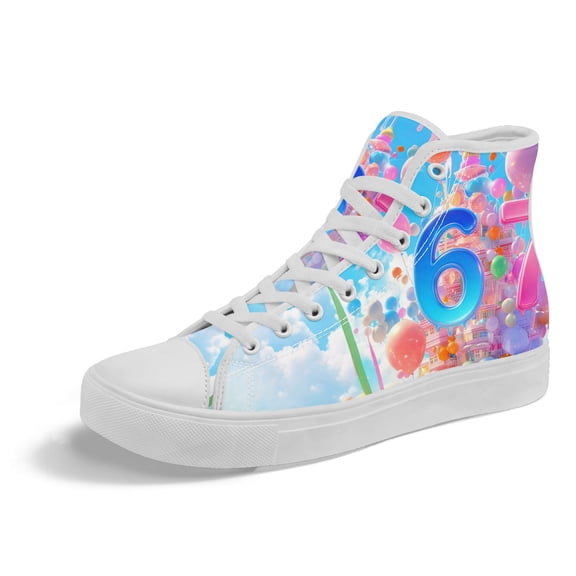 Coolcustomize Plus Size High-Top Canvas Shoes for Men Size 11 1/2 with Blue-Pink "67" Number Design Print, Pastel Color Casual Shoes, Lightweight All-Season Streetwear Lace-Up Round Toe Sneakers