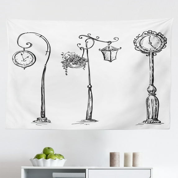 Lantern Tapestry, Frozen Scenery Iron Fences City Evening Snow and Lanterns Full Moon Graphic, Fabric Wall Hanging Decor for Bedroom Living Room Dorm, 2 Sizes, Pale Brown Black, by Ambesonne