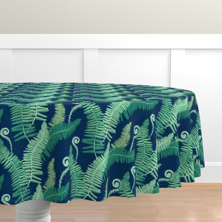 

Cotton Sateen Tablecloth 90 Round - Woodland Ferns Navy Forest Tropical Summer Large Exotic Print Custom Table Linens by Spoonflower