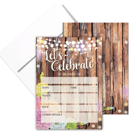 25 Party Invites with Envelopes - Fill-in Rustic Let's Party Invitations - B15210
