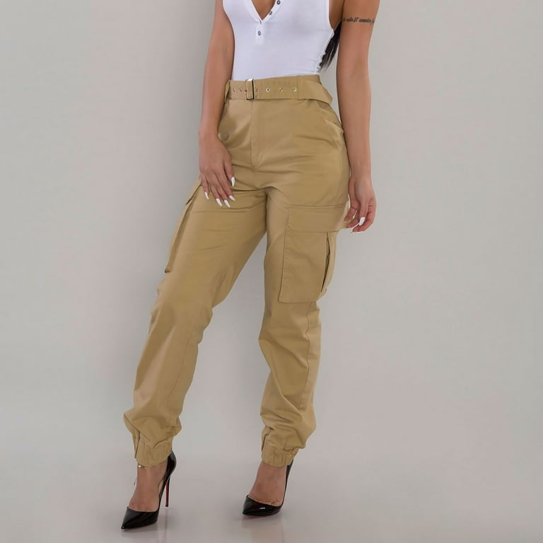 HAPIMO Sales Cargo Pants for Women Teens Fall Fashion Outfits Elastic High  Waist Womens Multi Pockets Belted Jogger Trousers Solid Color Casual Comfy  Pants Khaki XXL 
