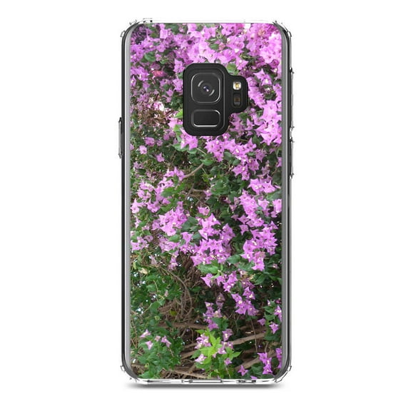 DistinctInk Clear Shockproof Hybrid Case for Samsung Galaxy S9 (5.8" Screen) - TPU Bumper, Acrylic Back, Tempered Glass Screen Protector - Purple Flowers Mykonos Greece