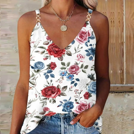 Qhnvtd Tank Tops Women Built In Bra 2024 Cropped Tops For Women Casual 2024 Women s Summer Casual Sleeveless Floral Printing Blouse V-Neck Tops T-Shirt Multicolor