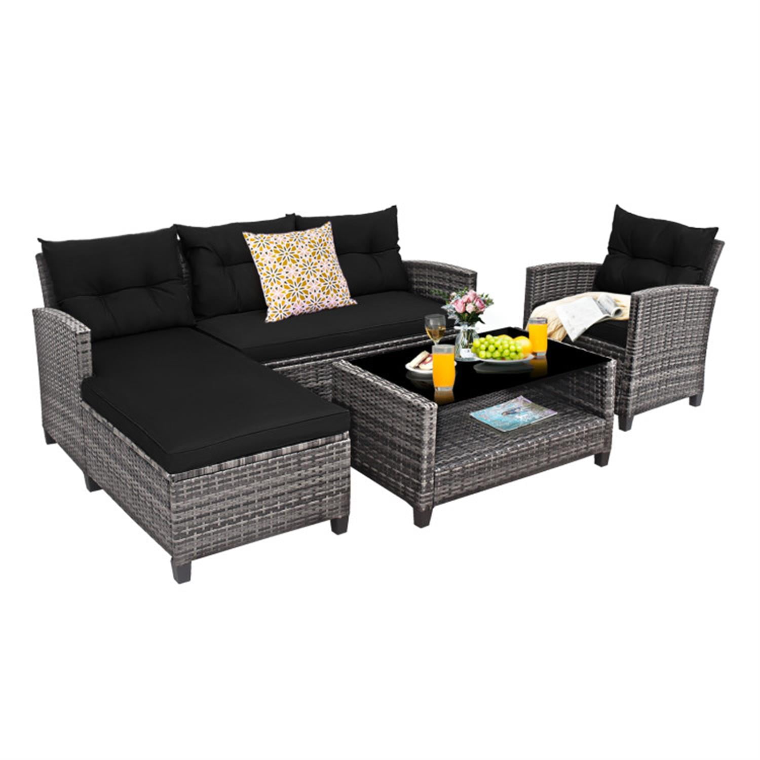 Demi Bonn 4 Pieces Patio Furniture Set Rattan Sofa with Cushion and 2-Tier Coffee Table for Yard, Pool or Backyard, Black